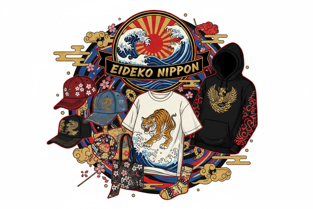 オリジナルデザインプリント印刷、刺繡、帽子、ハット、キャップ,Tシャツ、パーカー。日本的にカラフルなデザイン。EIDEKO NIPPONの文字を入れる。